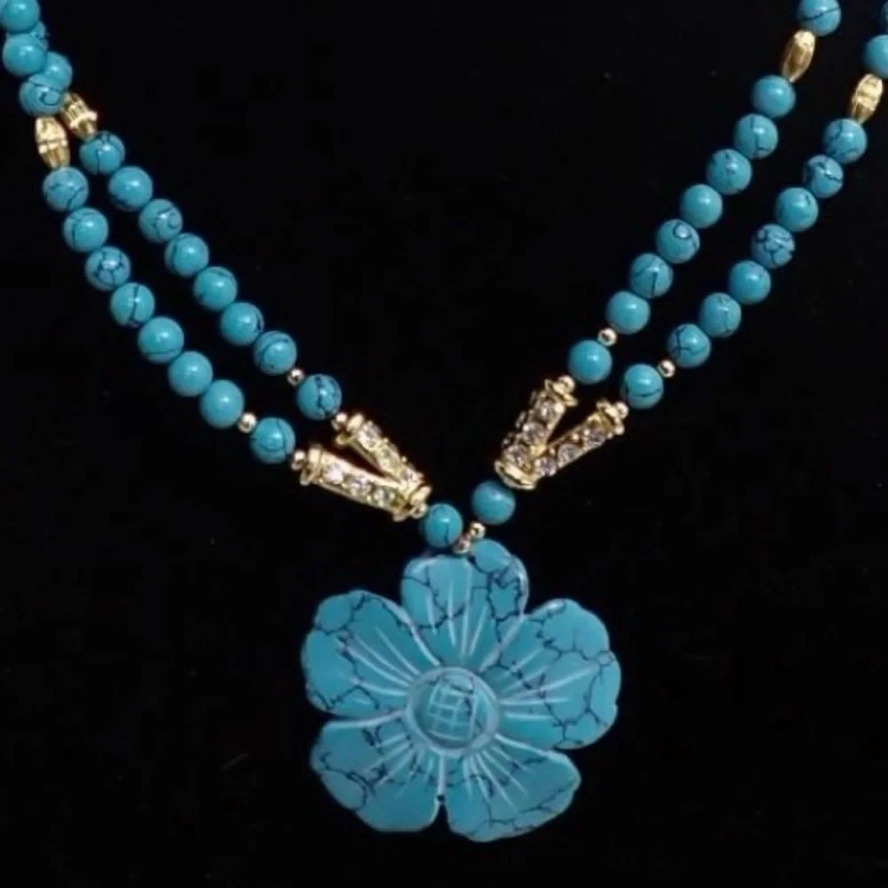 Blue Dyed Howlite Bead & Gold Tone Double Strand Necklace w/ Flower Pendant 17”